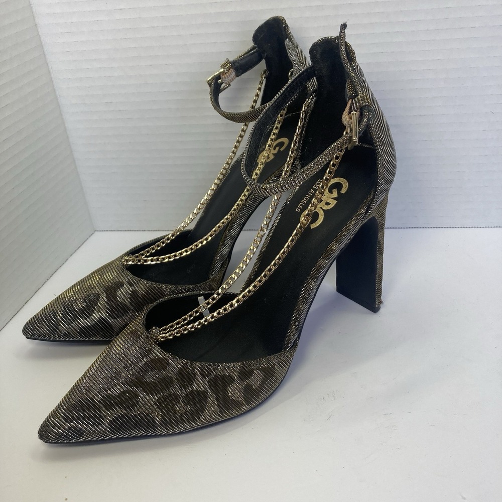 G By Guess Womens Sz‎ 7M Shoes Gold Black Animal Print Pointed Event High Heels